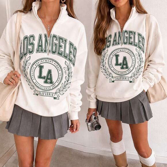 No Boundaries Sweaters - No Boundaries LA Quarter Zip Sweatshirt White Green Graphic XS Preppy Y2K Street